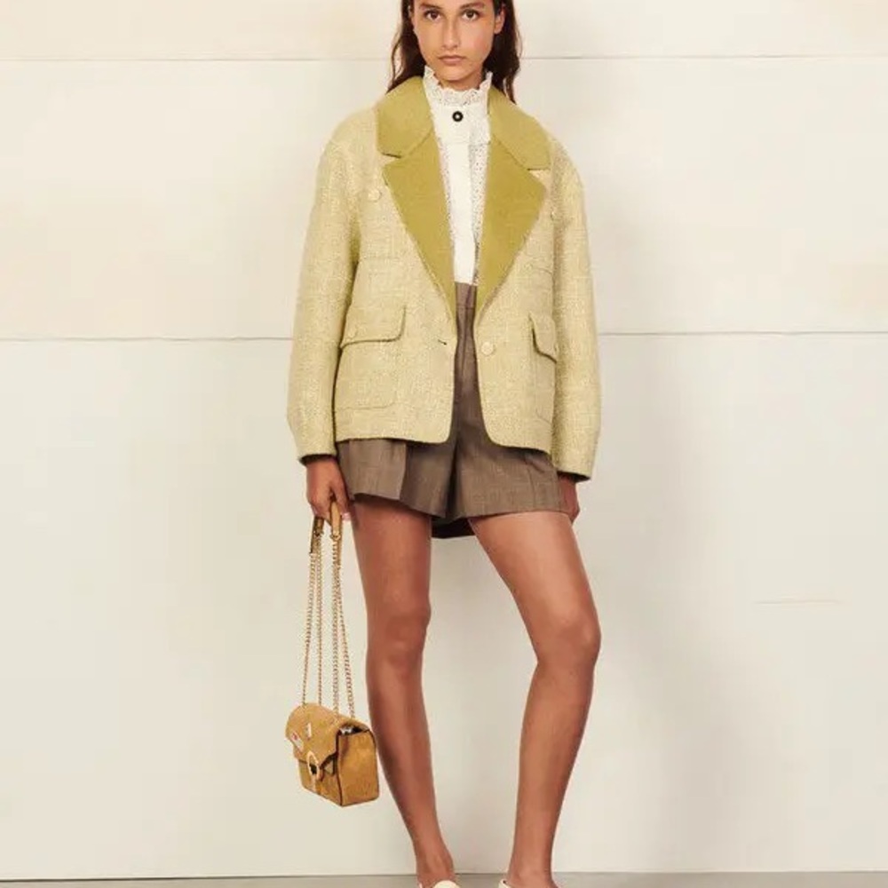 Sandro Two-Tone Bouclé Pea Coat in Cream and Olive